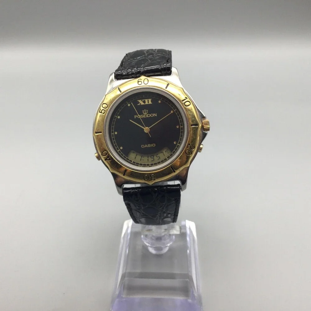 Vintage Casio Poseidon Mens Watch 37mm Black Dial 388 PMW-500 New Battery